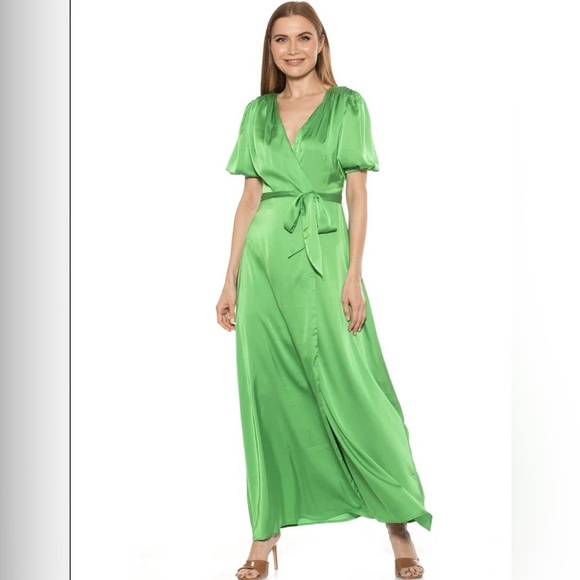 Alexia Admor Green A-line Maxi Dress with‎ Puff Sleeves Sz. 14 - Picture 1 of 9